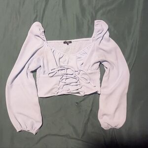 Papaya Blue Puff Sleeve Ruched Crop Blouse